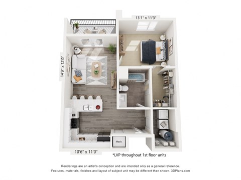 Floor plan for 1 bed, 1 bath, 748 sqft